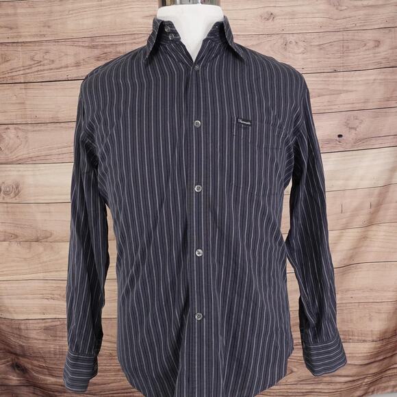 Faconnable Shirt Mens Small Black Gray Stripe Button Front Cotton Long Sleeve - Picture 3 of 8